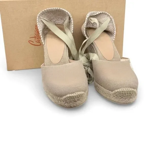 CASTAÑER $165 Carina/8/002 Wedge Espadrille Sand EU 39 US 8 Ankle Tie Jute Heel - Picture 5 of 9